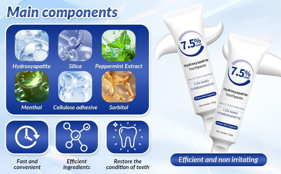 Miniatura 4 de Pasta dental hidroxiapatita, pasta de dientes hidroxiapatita al 7.5%, para protección del esmalte y fortalecimiento de los dientes, menta suave,