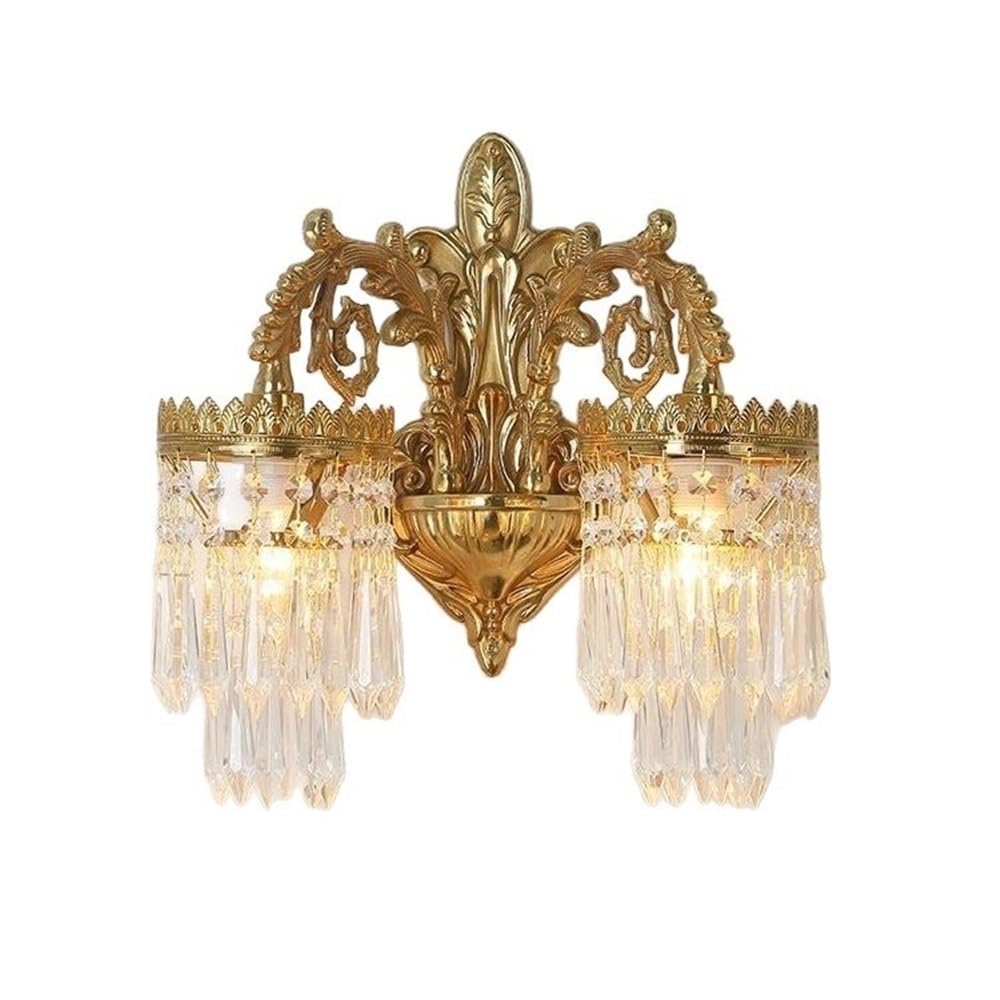 LYOUAE 2 Lights European Vintage Crystal Wall Sconce French Copper Interior Decorative Wall Lamp Bedside Decor Wall Mount Light for Bedroom Living Room Hallway