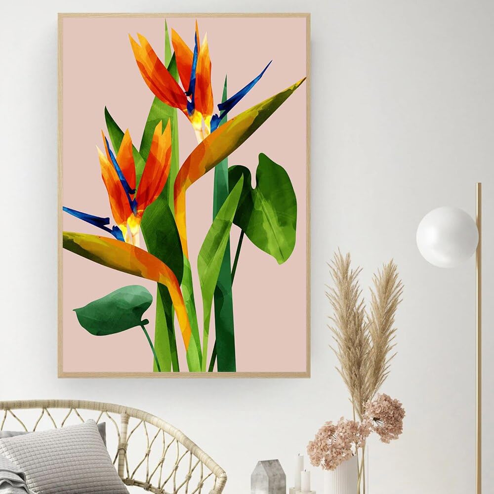 Amazon.co.jp: 極楽鳥花キャンバス絵画ピンク植物植物ポスターと