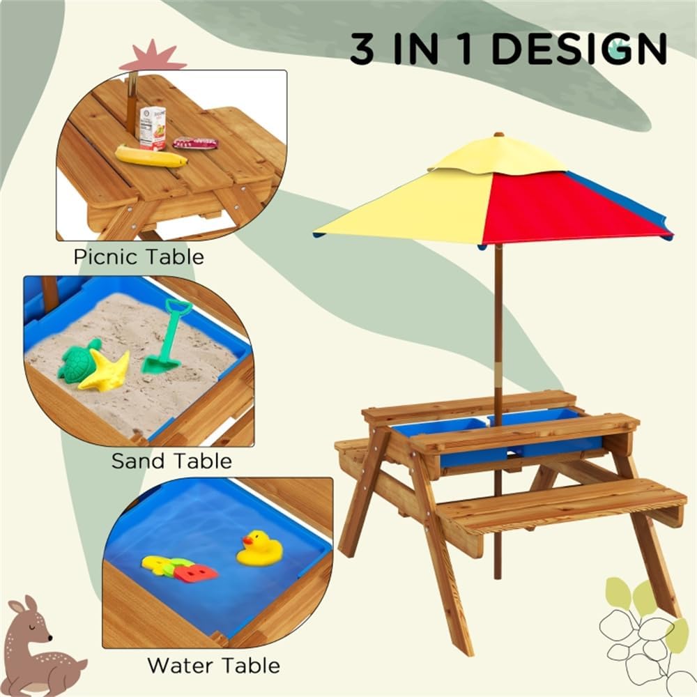 Kids Wooden Picnic Table for Outdoors Backyard Garden, 3 in 1 Sand and Water Activity Table with Removable Boxes and Umbrella, Patio Furniture Set