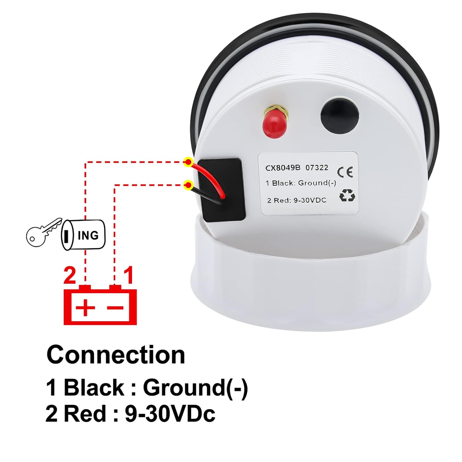 Wiring diagram showing the black wire connected to ground (-) and the red wire connected to a 9-30V DC power source (+).