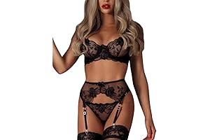 Floral Embroidered Garter Belt & High Cut Thong Lingerie Set