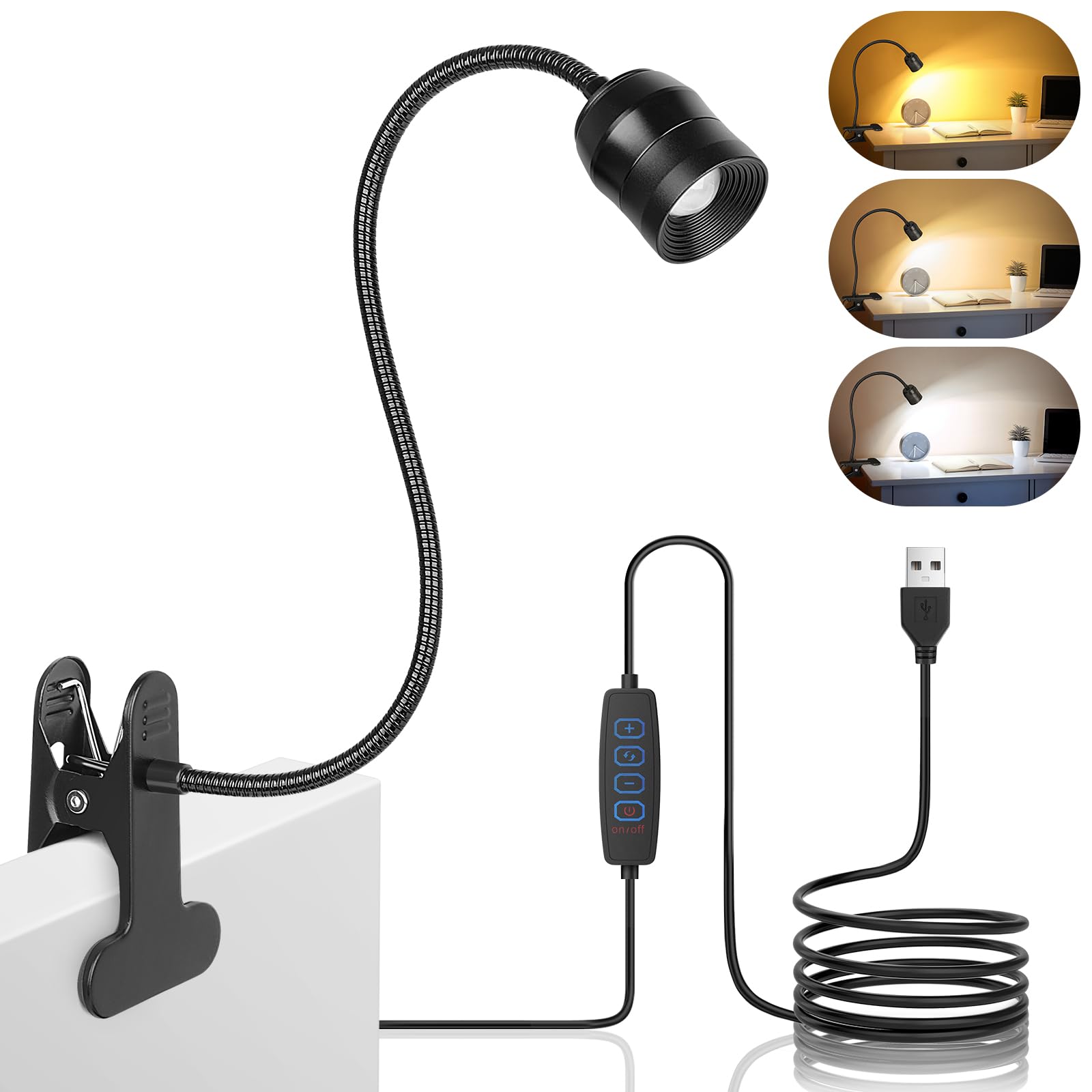 canvage Dimmable LED Clip Light for Bed Reading, 360° Flexible Gooseneck Clamp Lamp with 3 Color Modes & 10 Brightness Levels, USB Powered Book Light for Headboard, Desk, Dorm & Study