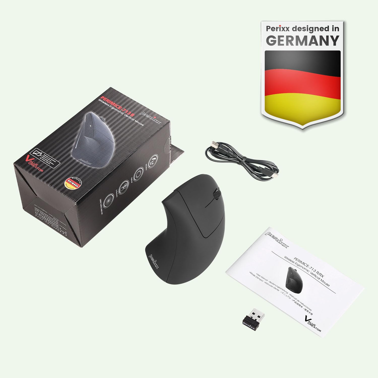 Perixx PERIMICE-713R Mouse Verticale Senza Fili Ricaricabile - Ricarica senza fili e via cavo - Design a 6 pulsanti - Nero - Per destrimani