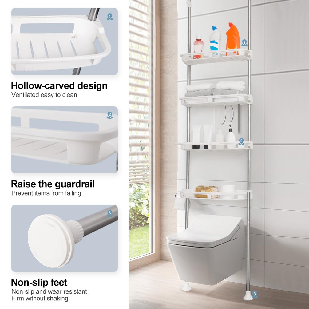 BAOYOUNI Toilettenregal Teleskop Badregal mit 4 Offene Ablagekörbe | Regal über Toilette aus Metall und Kunststoff, Teleskopstange Höhenverstellbar Platzsparend Allzweckregal, Elfenbein