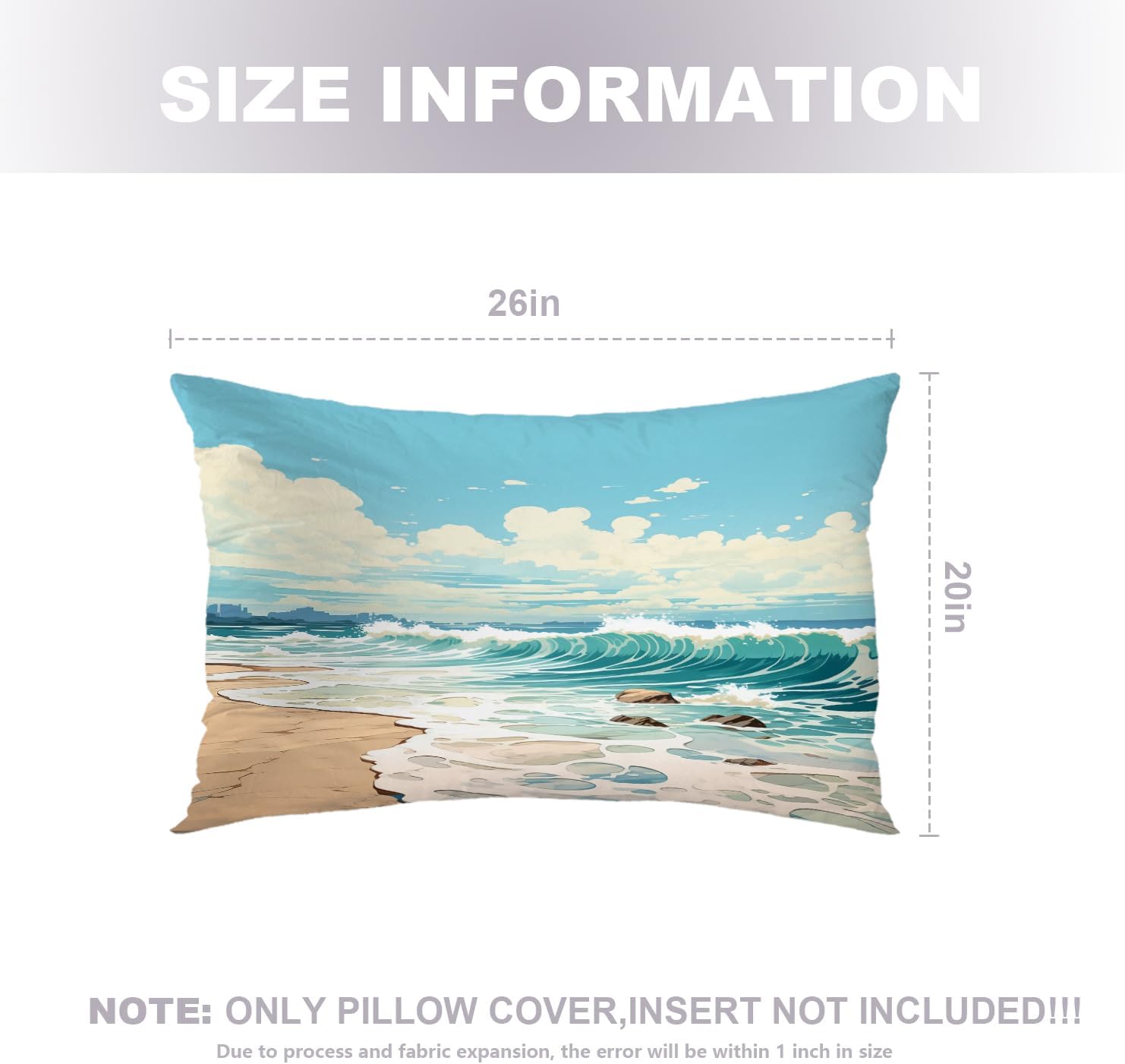 Beach Scene Throw Pillow Covers, Ocean and Clouds Cushion Cover Digital Blended Hidden Zipper Decorative Pillowcases for Bedroom Lumbar 20X26 in 2 Pcs