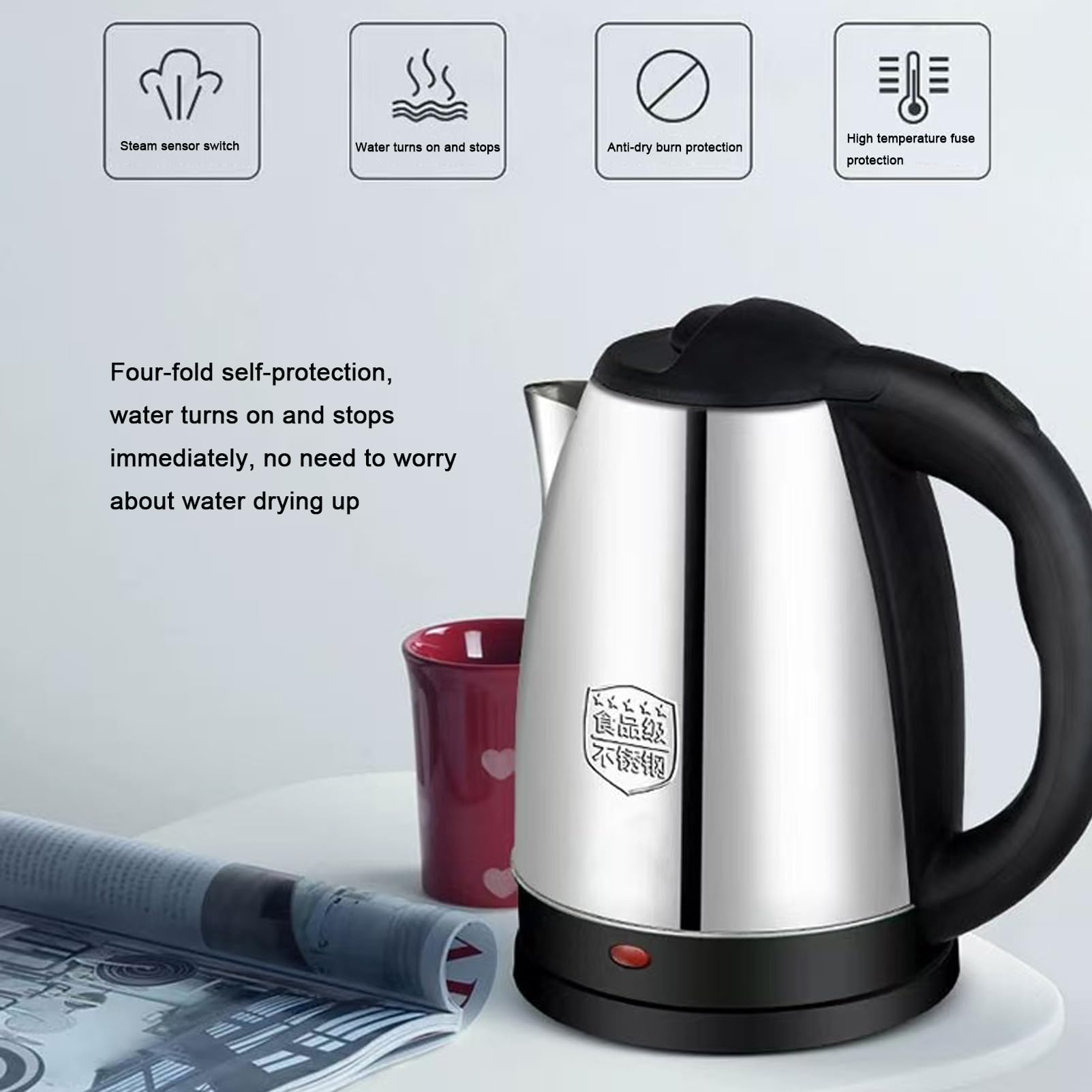 Hervidor eléctrico de 2 l, acero inoxidable 304, ebullición rápida, 1500 W, apagado automático, color plateado, 2 l