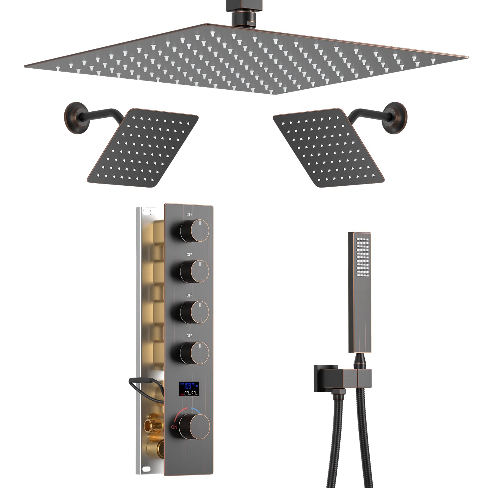 Oil Rubbed Bronze Digital Display Shower System with 12 inch Ceiling Mounted Shower Head and Wall Mounted Two Shower Head(8 inch), with Handheld Shower