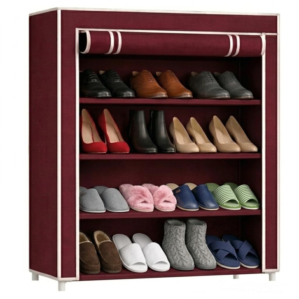 EASY BUY 4 Shelves Shoe Rack Plastic with Zip Door Cover & Side Pockets, Multiuse Storage Rack for Footwear, Toys, Clothes with Dustproof Shoe Rack with Cover Maroon-image-30