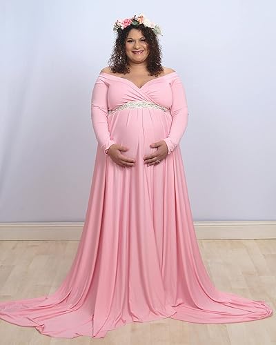 Miniatura 7 de Saslax - Vestido de noche de maternidad con hombros descubiertos, corte de medio círculo, para baby shower, fotos