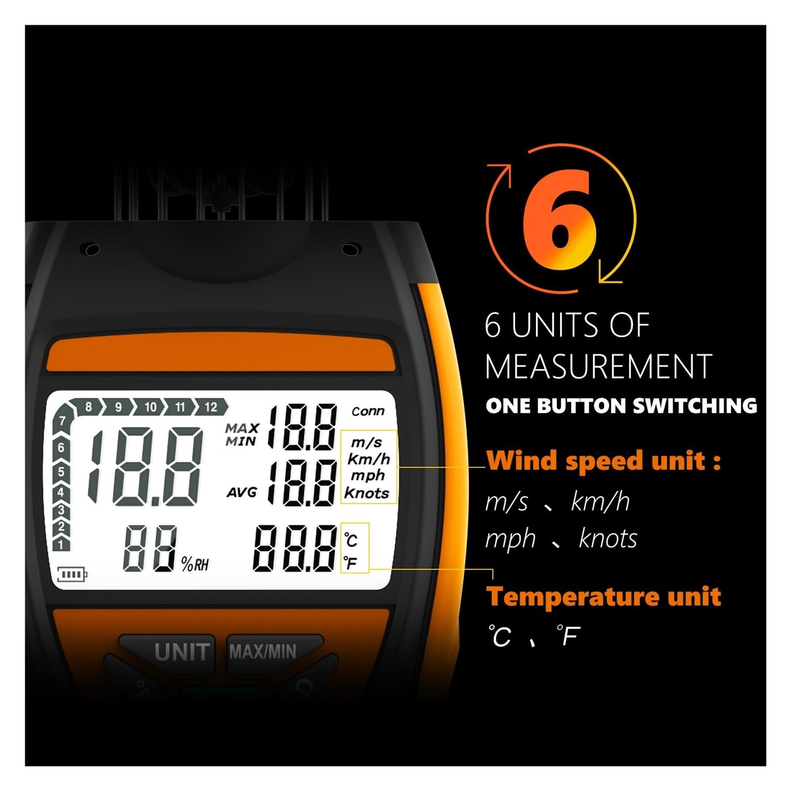 Anemómetro De Copa De Viento De Mano 6 Unidades Ajustables Con Pantalla De Retroiluminación De Medición De Temperatura(Blue)