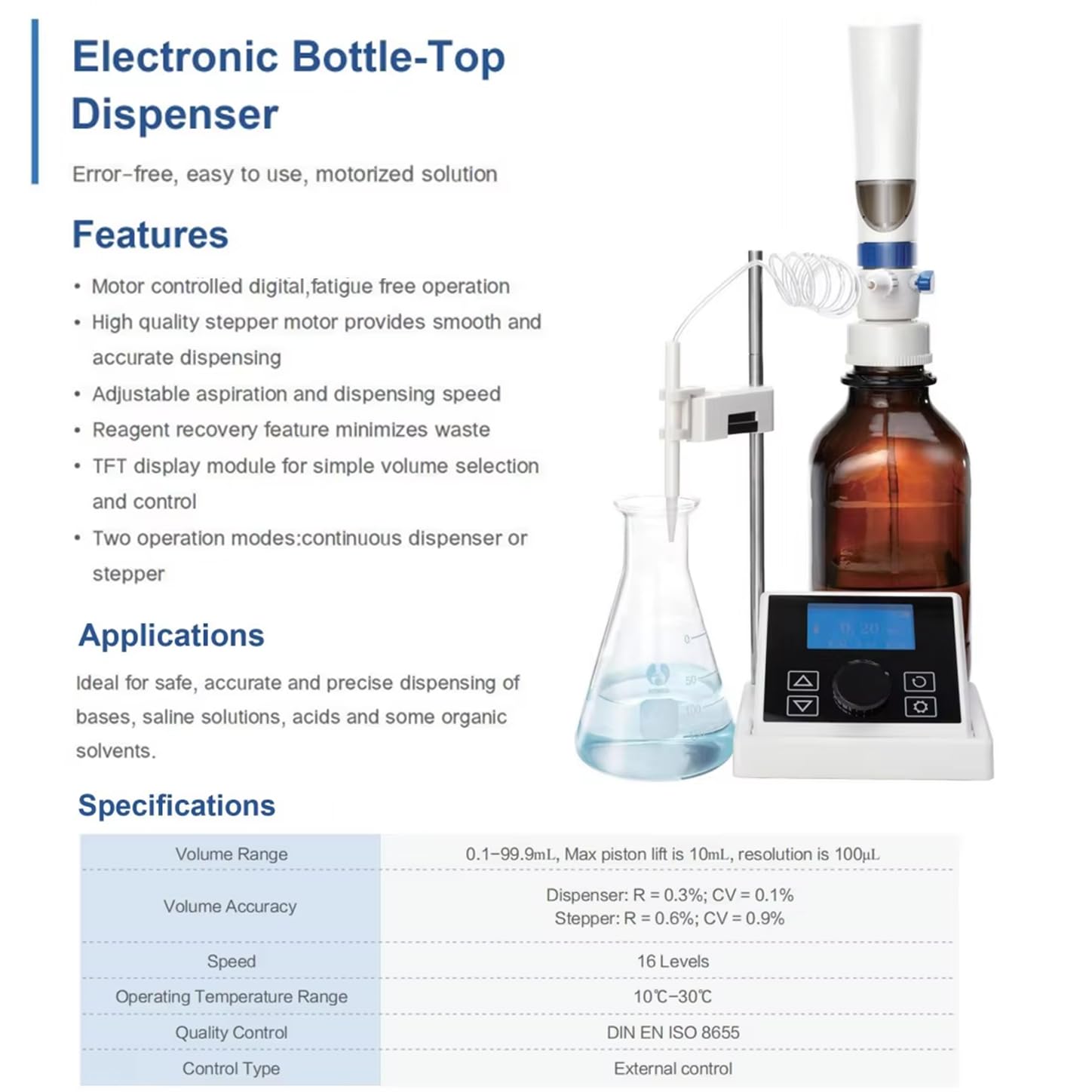 Digitaler Flüssigkeitsspender, elektronische Bürette für genaue Reagenzdosierung, 0,01-99,99 ml mit LCD-Bildschirm, kontinuierliche und wiederholte Pipettiermodi