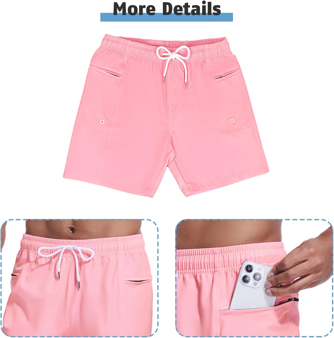 QRANSS Men's Fashion 7 inch Quick Dry Swim Trunks Zipper Pockets Bathing Suit Beach Shorts Boardshorts Without mesh Liner - Image 7