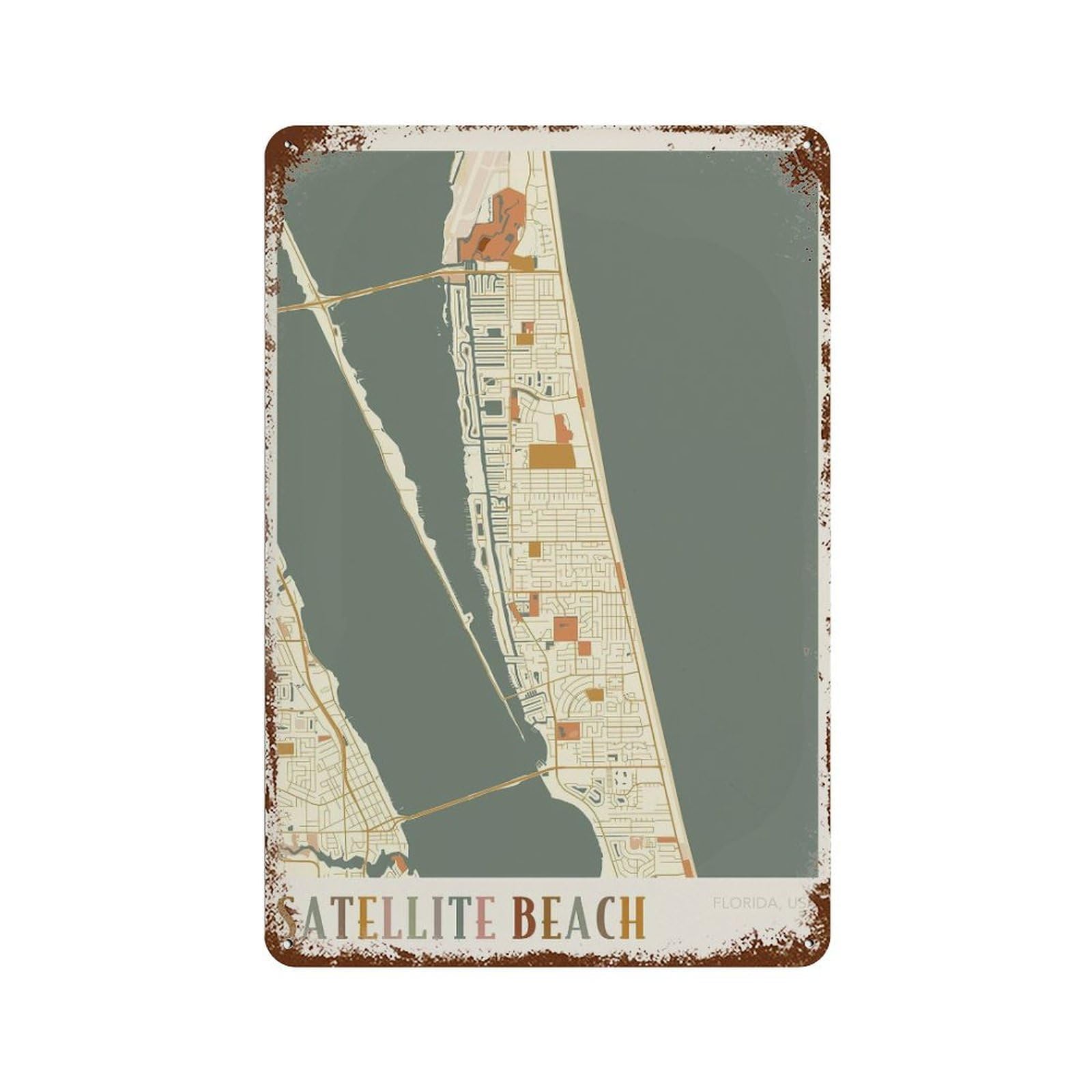 xiaoxiaoshen Satellite Beach Map Florida Travel Gift Boho Wall Decor Art Metal Tin Poster Modern Home Decor Art Home Bar Shop Decorations Vintage Sign 30x20cm