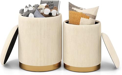 Vista 8 de GOFLAME Juego de 2 otomanas de almacenamiento de terciopelo, otomanas redondas modernas con almacenamiento, reposapiés tapizado con aro dorado