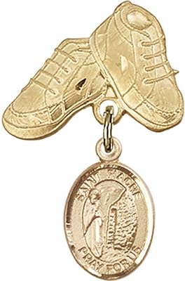 Gold Filled Baby Badge with St. Fiacre Charm and Baby Boots Pin 1 X 5/8 inches