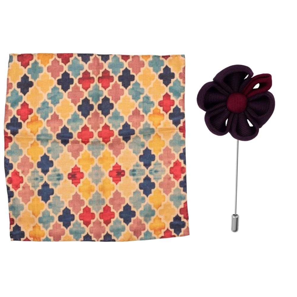 the tie hub Pocket Square and Lapel Pin Combo – Multicolor Moroccan Tile Pocket Square with Black and Red Floral Lapel Pin for Men-picture-47