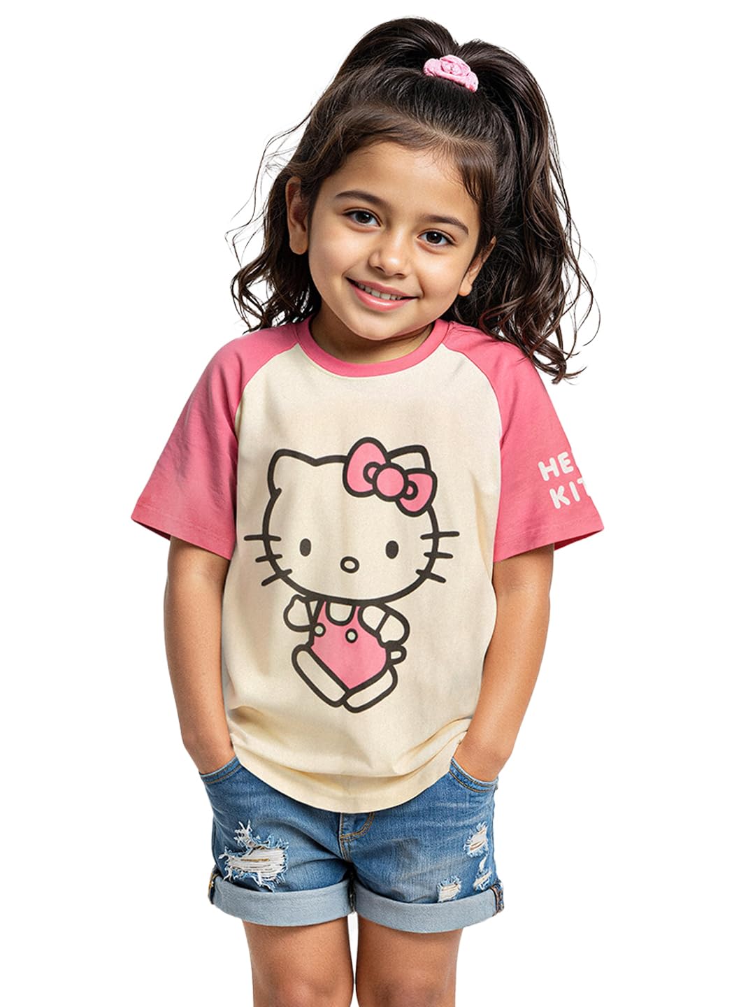 The Souled Store Hello Kitty - Camiseta de algodón para niña, ajuste regular, cuello redondo, manga corta, impresión gráfica (2-8 años)