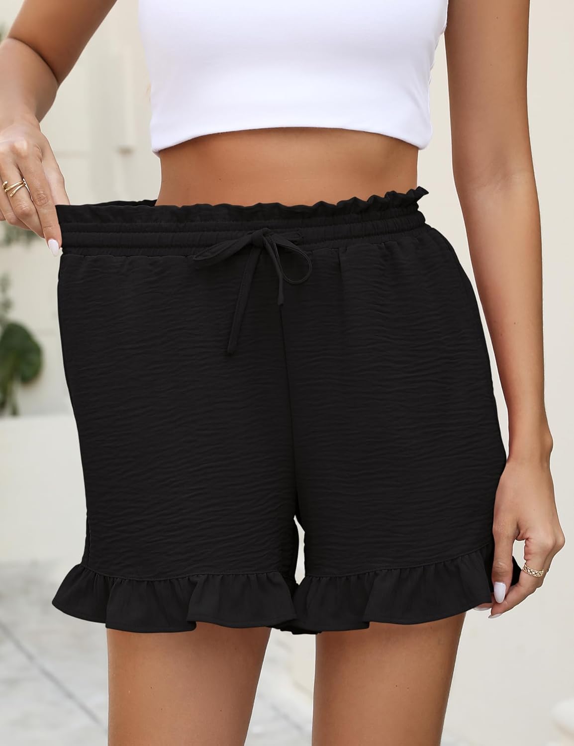 IECCP Women's Shorts 2026 Summer Casual Cute Ruffle Shorts Comfy Elastic Waist Drawstring Pleated Short with Pockets - Image 3