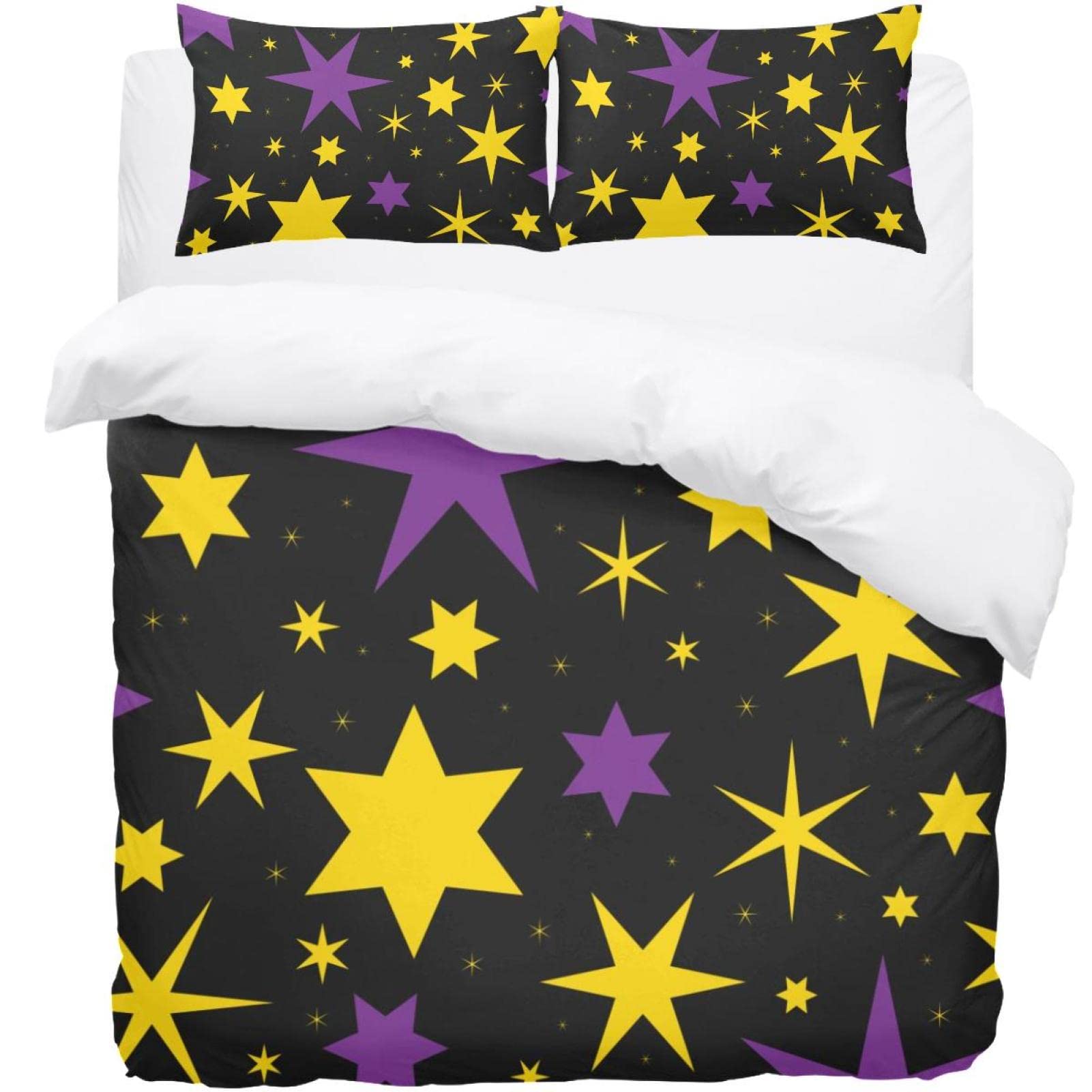Housse de couette douce lit simple 3 pièces parure lit violette et jaune motif étoile magique