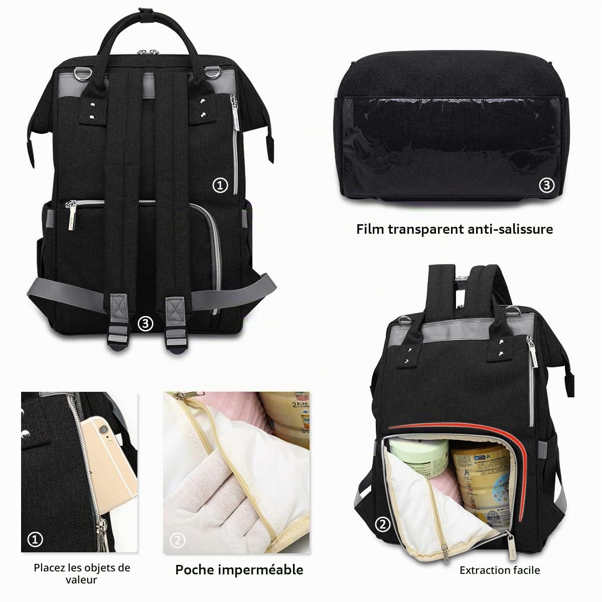 SONARIN Multifonction Sac à Dos à Langer Bébé étanche Avec poussette sangle,Grande Capacité,Sac à Couches,Organisateur de Sac à Dos de Voyage,Film Transparent Anti-Sale,Idéal Cadeau(Noir)