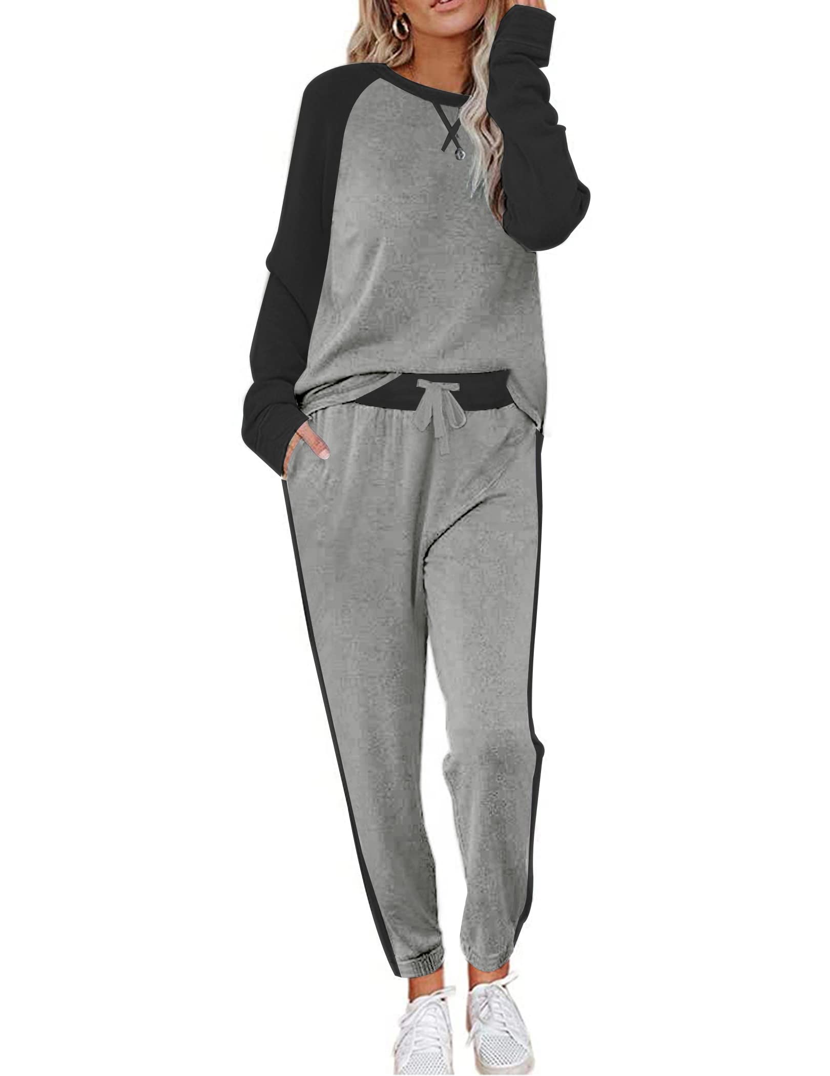 Ekouaer Conjunto de pijama de dos piezas para mujer, conjunto de pijama de manga corta con cuello redondo y pantalones deportivos