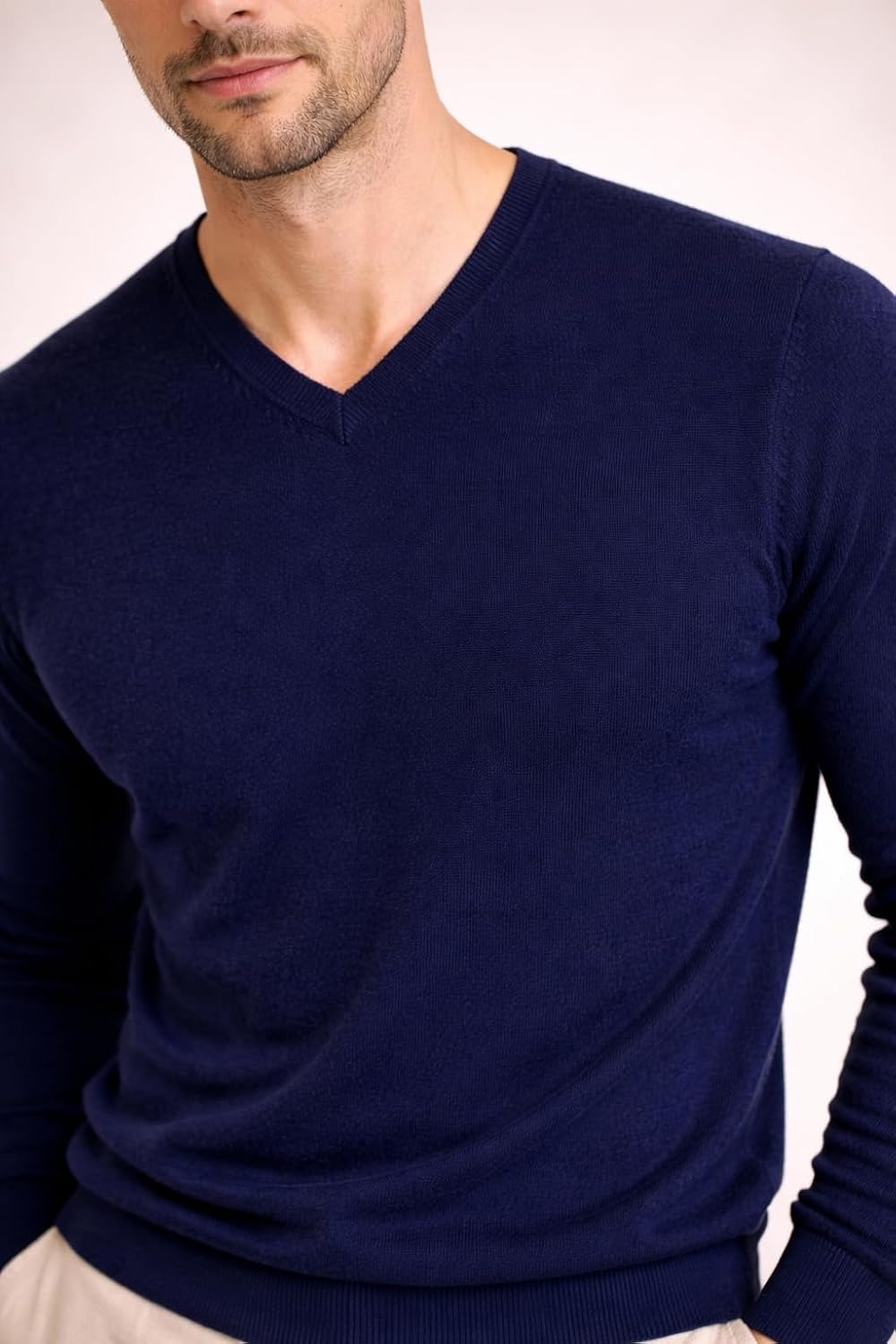 Cashmeren Men's Essential Knit V-Neck Sweater 100% Merino Wool Long Sleeve Classic Pullover