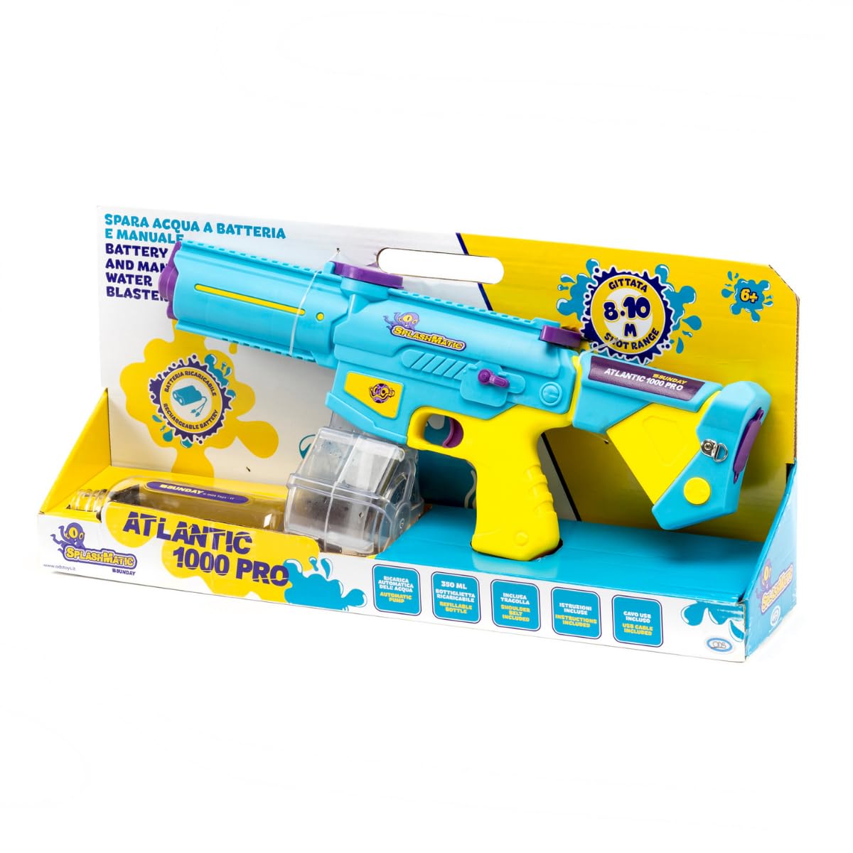 ODS - Splashmatic Atlantic 1000 PRO, Spara Acqua a Batteria con Ricarica USB, Pistola ad Acqua Lunghezza 50 cm, Capacità Serbatoio 1000 ml, Automatico e Manuale, Età Consigliata +6 Anni