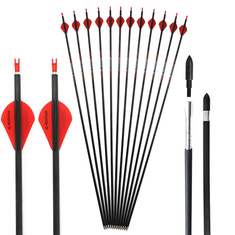 ACCMOS ID 5,2 mm Spine 300 350 400 500 600 700 Bogensport Carbonpfeil 28-31 Zoll Jagdpfeil, Schrauben Pfeilspitze, für Erwachsene Jugend Pfeil und Bogen Schießen 12 Stück