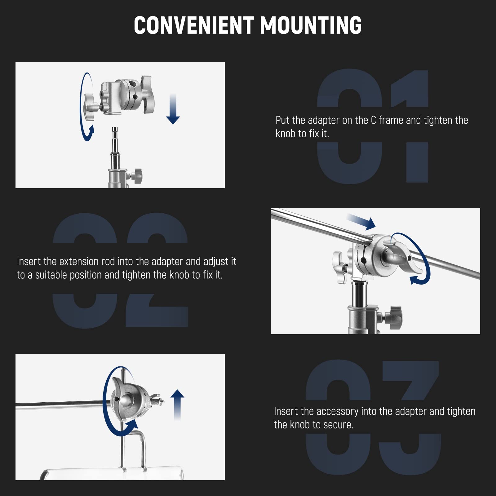 NEEWER Multifunzionale Resistente Impugnatura 6 cm Testa Girevole, Montaggio Adattatore per Lampada, Estensione Braccio e Altre con 1/2, 1/4, 3/8, 5/8, Filettature Argento