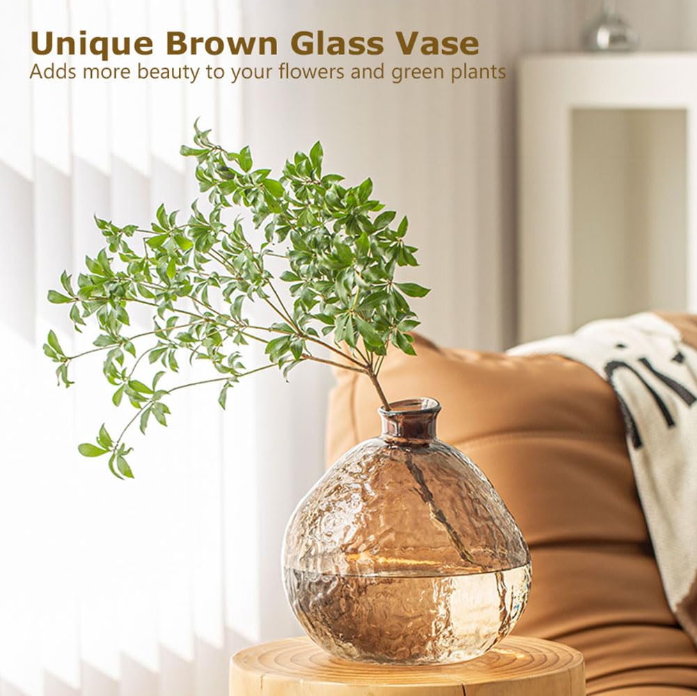 Jarrón de cristal ámbar hecho a mano para decoración del hogar Wabi Sabi, jarrón grande texturizado para sala de estar y decoración de mesa de entrada