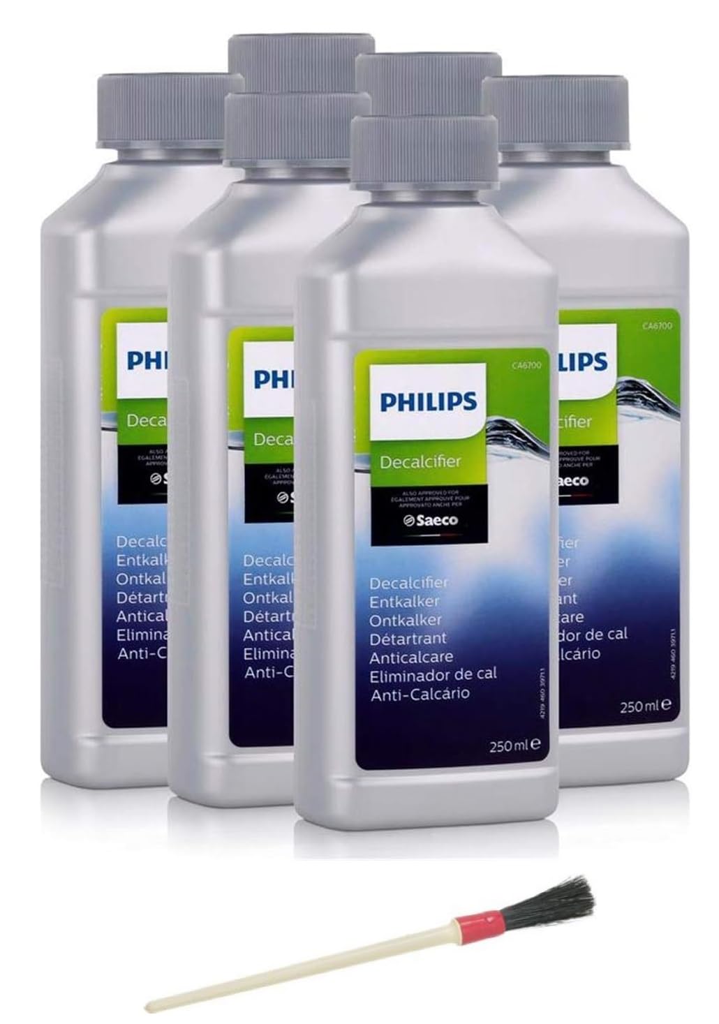 Pack de 6 descalcificadores de 250 ml. Apto para Philips Saeco para cafeteras automáticas y con filtro + cepillo de limpieza