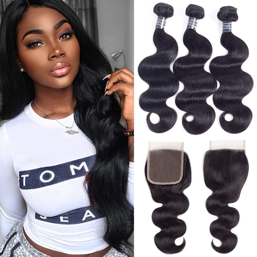 Amella Hair 8A Grade Brazilian Virgin Body Wave 3 Bundles with Free Part Closure (18 20 22+18Closure) 100% Unprocessed Brazilian Hair Weft With 4x4