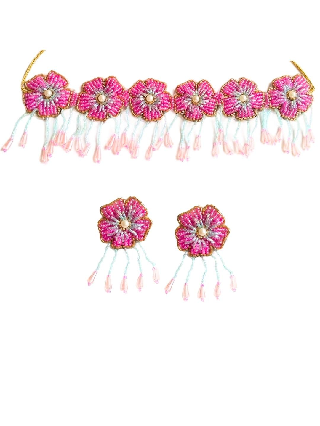 Tipsy Closet Floral Bridal Jewellery Set Choker Necklace & Earrings Set for Haldi & Mehendi Ceremony for Women Handmade Beaded Pearl Traditional Jewelry Set (Pack of 1) (Pink::Blue) (B0D5R3LW35) Amazon Price History, Amazon Price Tracker