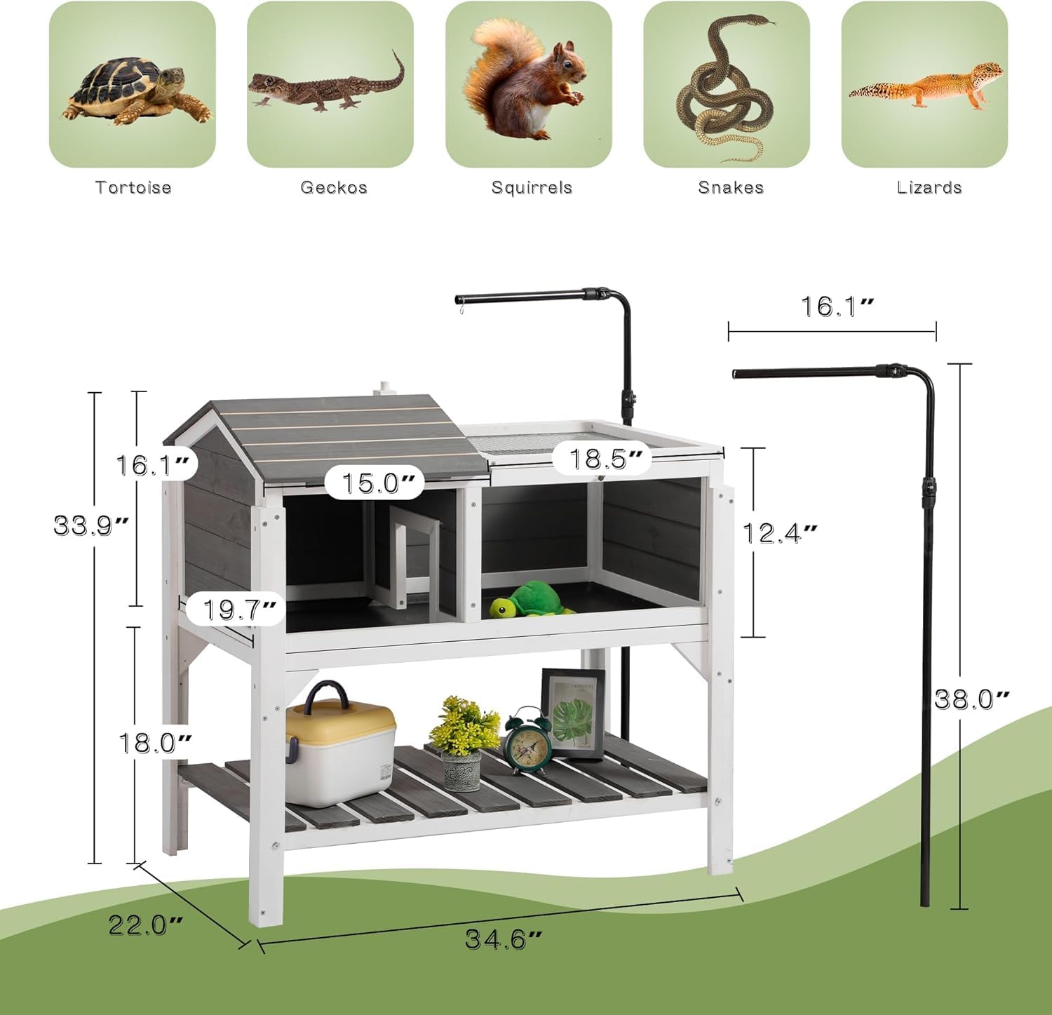 TITIMO Tortoise Habitat with Lamp Holder and Storage Shelf, Tortoise Enclosure Indoor Outdoor with Detachable Legs, Wooden Turtle House Reptile Cage with Tray for Small Animals