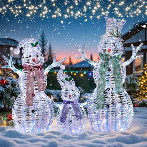 Ultym Large Christmas Snowman Family Decorations 43Inch 3D Pre-Lit Iridescent Snowman with 200 LED Lights & Zip Ties Indoor Outdoor Holiday Decor for Yard Porch Home-Iridescent