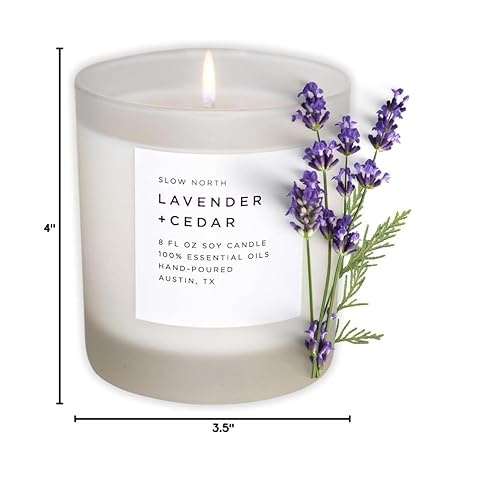 Miniatura 10 de Slow North Vela de lavanda y cedro, vela de aceites esenciales y cera de soja pura en un frasco de vidrio esmerilado reutilizable, una vela