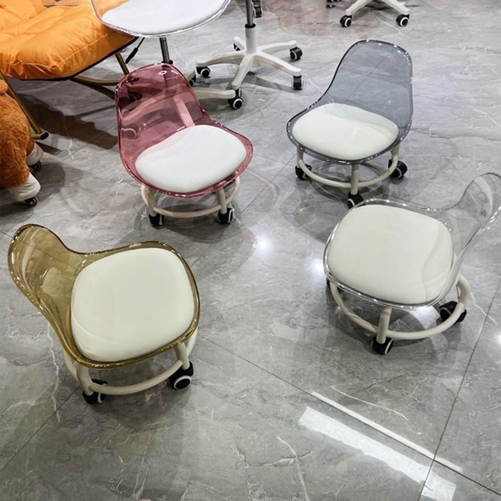 Low Rolling Transparent Stool, with Wheel and Acrylic Backrest, can 360 Degree Swivel, for Cleaning or Wiping The Floors, Garage, Outdoor Gardening (Color : Pink+White, Size : 32 * 37 * 44cm)