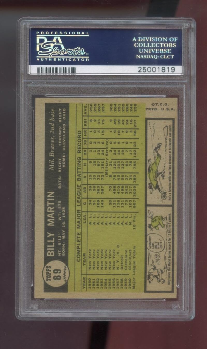 1961 Topps #89 Billy Martin PSA 6 Graded Baseball Card MLB Milwaukee Braves