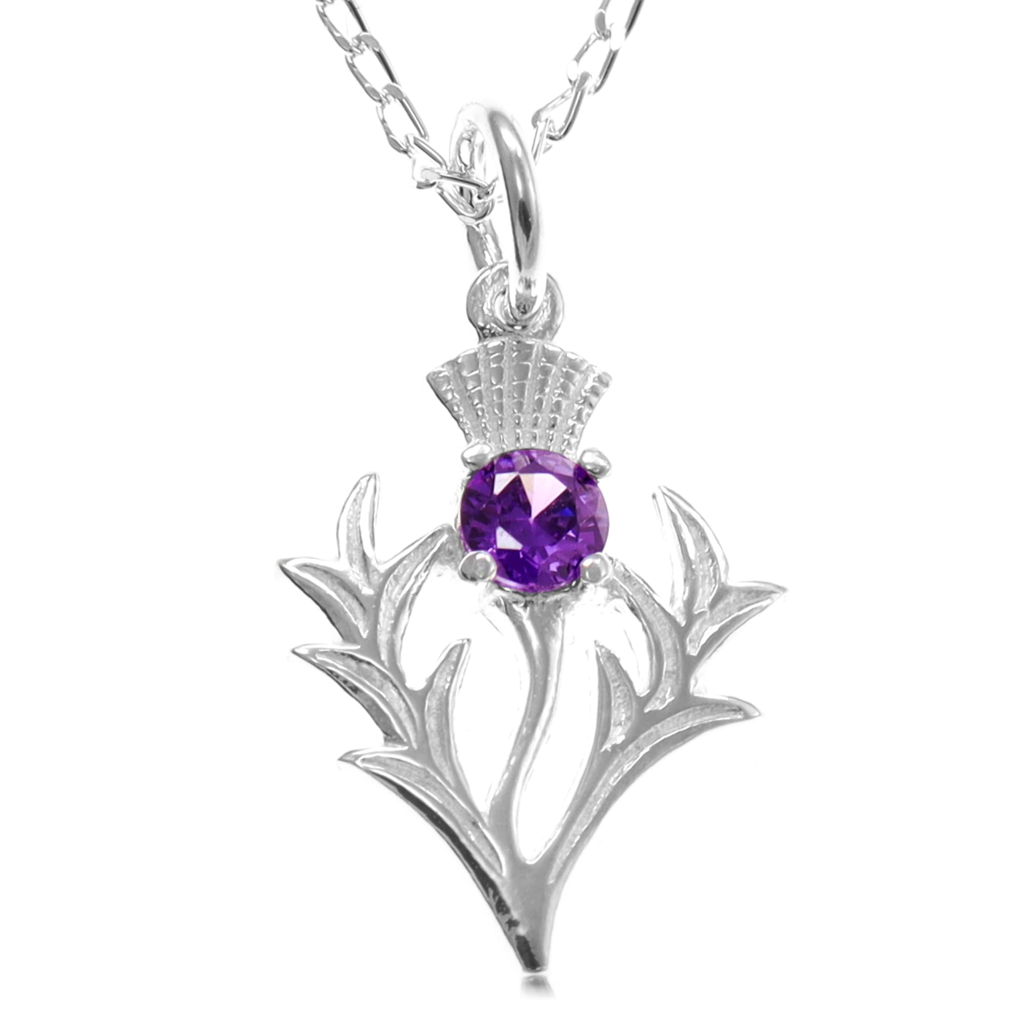 925 Sterling Silver Scottish Thistle & Real Amethyst Pendant Necklace 20mm x 16mm Pendant with 18" Silver Chain & Jewellery Gift Box - Scottish Gifts for Women