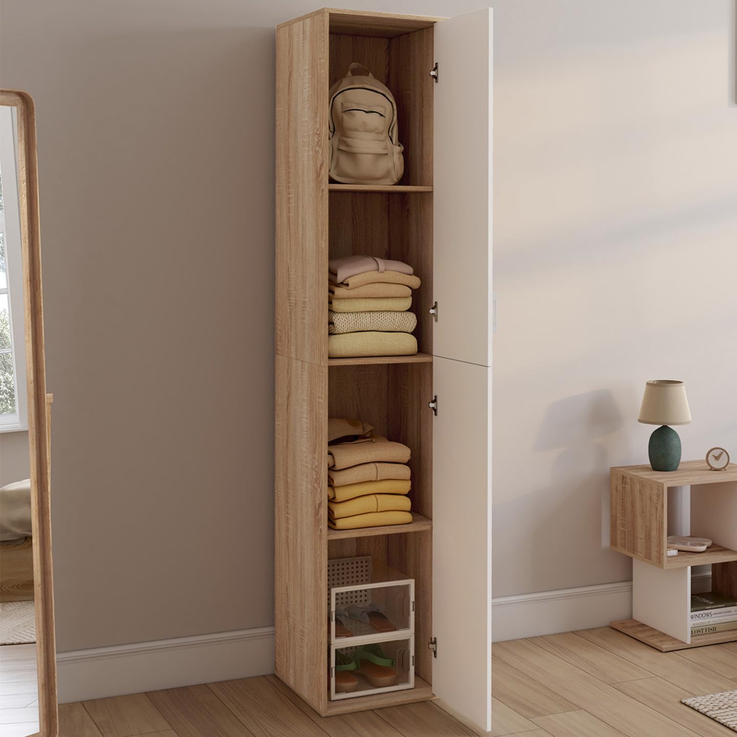 IDMarket - Büroschrank 180 cm multifunktional Sylvia weiß und Holz 1 Tür 3 Regale