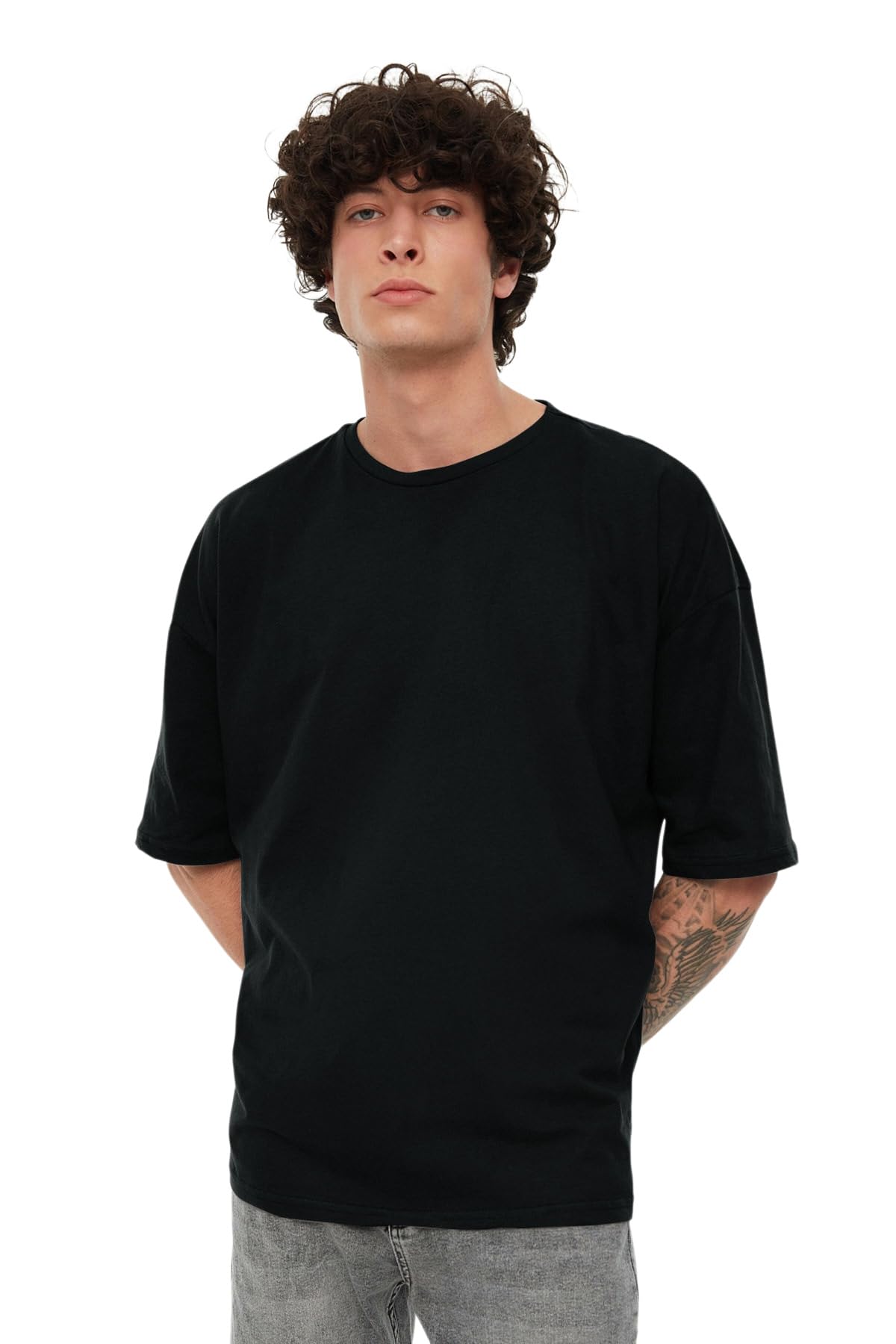 Trendyol Herren Schwarz Basic Oversize Standard Crew Neck Woven T-Shirt Hemd, Large