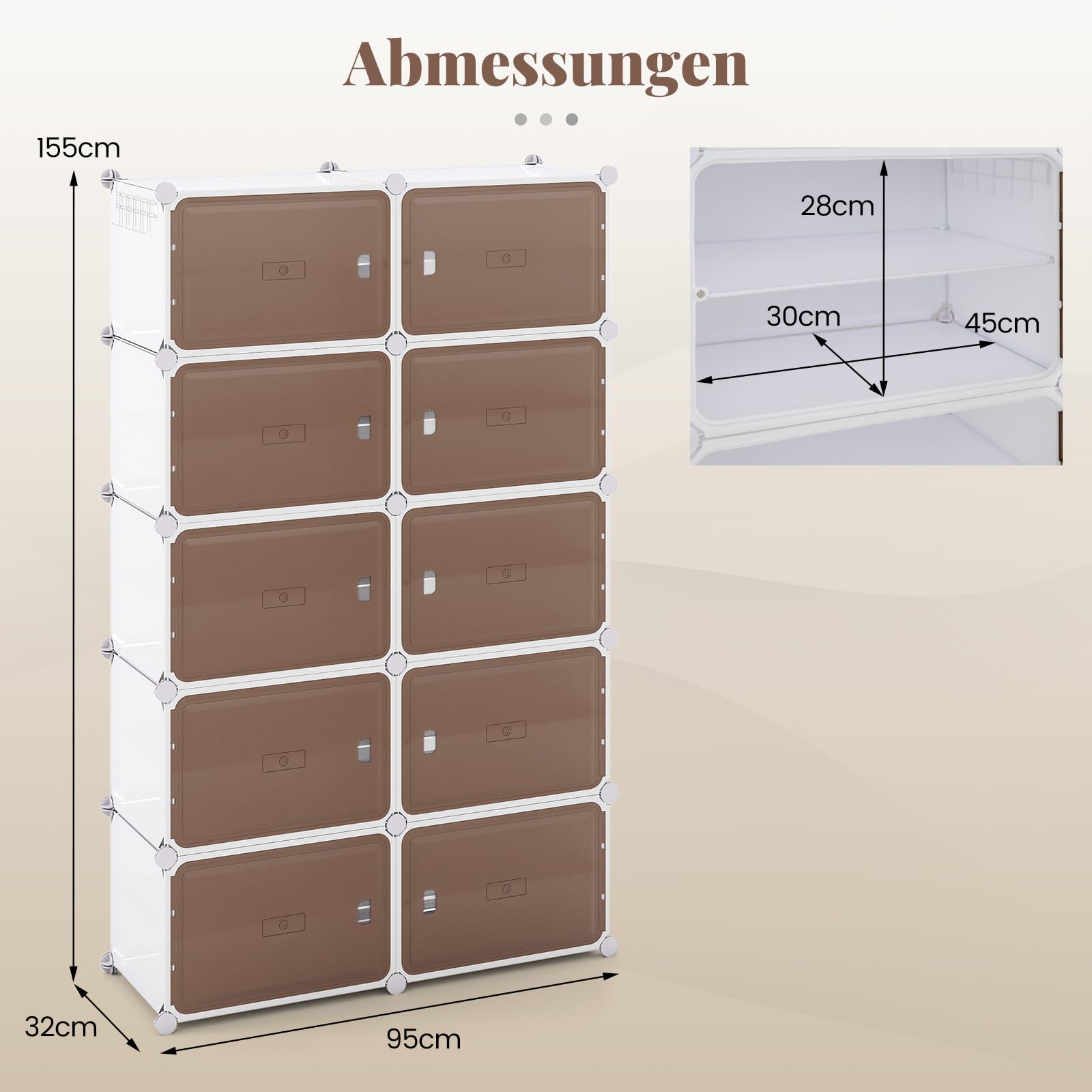 COSTWAY Schuhregal mit 8/10 Fächern, Schuhschrank Kunststoff inkl. herausnehmbaren Regalen, stapelbare Schuhboxen, transparente Schuhorganizer für 32-40 Paar Schuhe (10 Fächern)