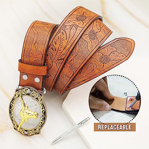 Mens Western Leather Buckle Belts, Cowboy Long Horn Bull Belt Buckles Rodeo Large Buckle Brown Belts, 38mm Wide4