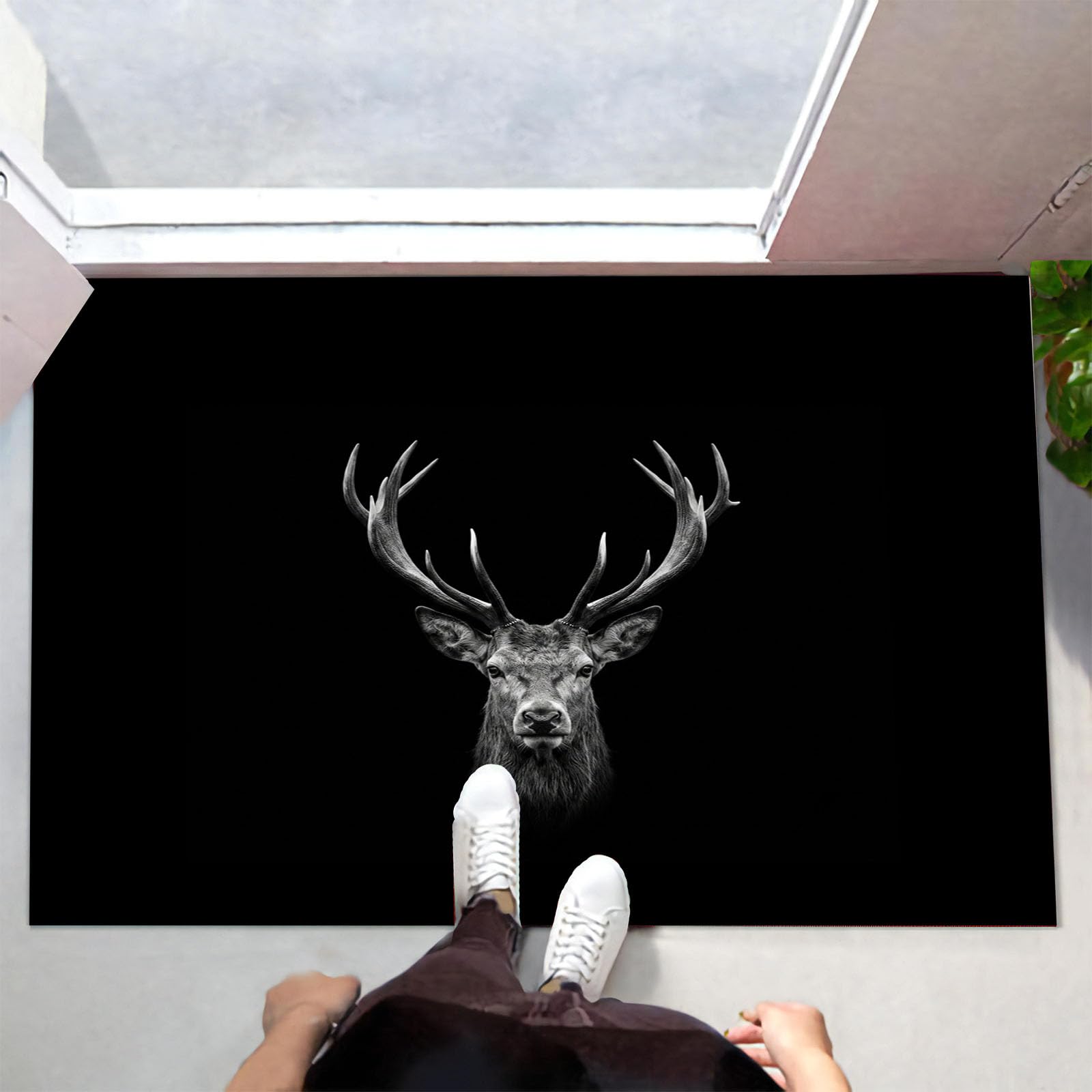 Zerbino Ingresso Interno Semplice Renna Bianca E Nera, Zerbino Di Benvenuto Lavabile Morbida Animali Eleganti, Antiscivolo Tappeto Da Decorazioni Grigio Antracite Per Casa Porta, 90X150Cm