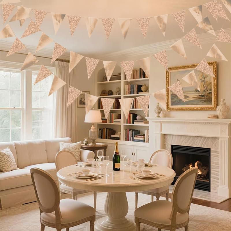 Image of Champagne Hanging Triangle Flag Pennant Garland Champagne Hanging Paper Pennant Streamer Paper Triangle Flag Bunting Banner for Graduation Wedding Engagement Birthday Party Decor 30 Feet