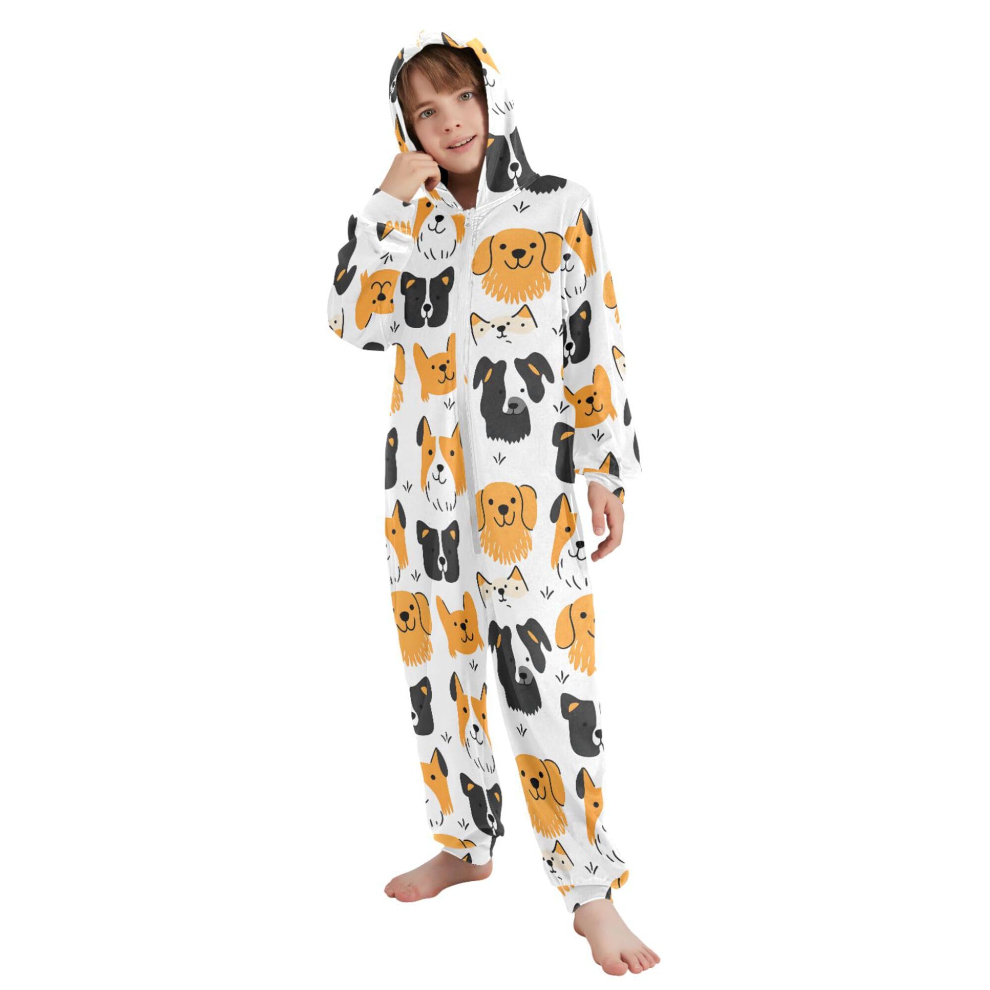ALAZA Pigiama intero in flanella con cappuccio e cerniera, tuta coordinata per bambini, morbida e calda, abbigliamento sportivo per la casa, 5-6T