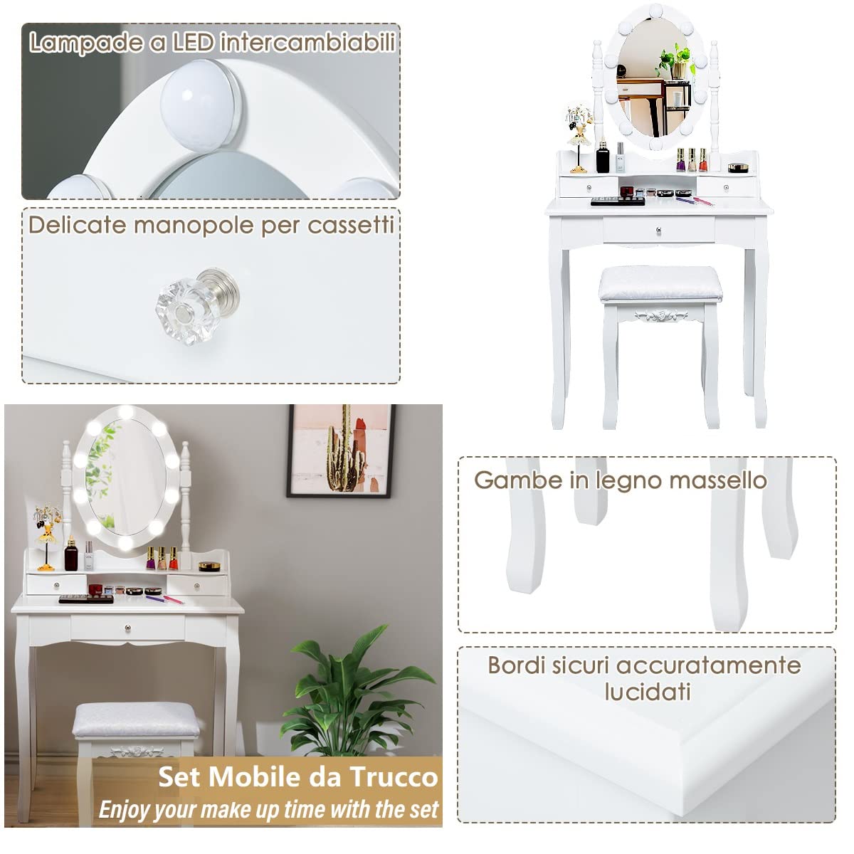 GYMAX Toeletta da Trucco, Illuminata con 10 Lampadine di LED, 3 Cassetti per Cosmetici, Specchiera Staccabile, Sgabello in Spugna, Set Mobile da Camera, Moderno ed Elegante, 75x40x143,5 cm, Bianco