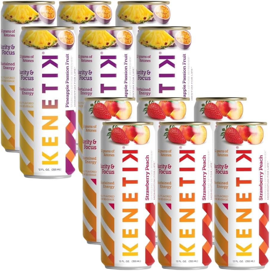 KENETIK Nootropic Ketone Drink, Ketones for Energy & Focus, Caffeine & Sugar Free, High Performance D-BHB Ketone Mix, Ready to Drink - Pineapple Passionfruit 6 Pk + Strawberry Peach 6 Pk Bundle