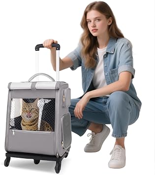 PETCUTE Rolling Pet Carrier Backpack with Wheels for Under 16.5LBS, Large Soft Sided Wheeled Dog Carrier with Removable Mat,Cat Travel Carrier Airline Approved for Small Dogs and Medium Cats,Gray